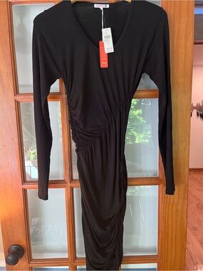 Sundry Black Ruched Side-Detail Long Sleeve Midi Dress